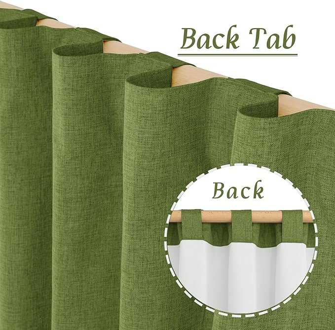 LAMIT 100% Blackout Linen Curtains 63 Inches Long, Linen Textured Living Room Bedroom Drapes Full Room Darkening Back Tab and Rod Pocket Panels with White Liner, 2 Panels, Olive Green, 60 x 63 Inch