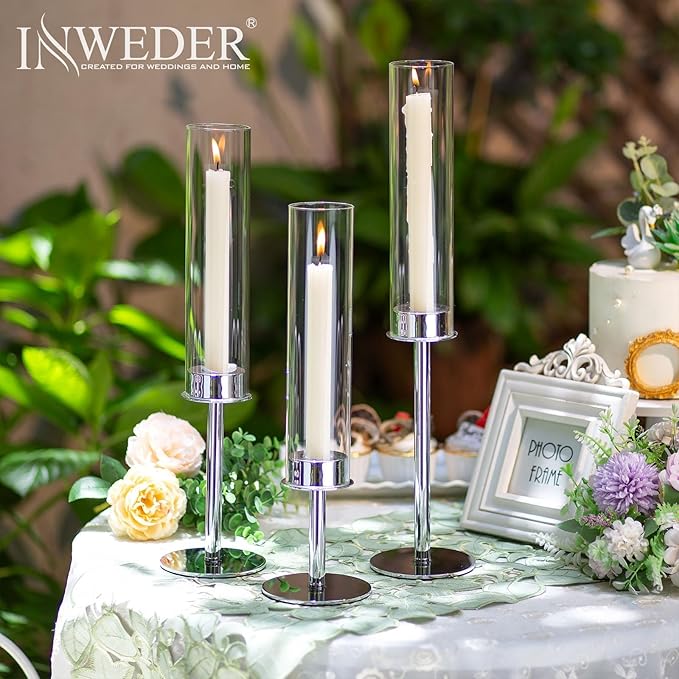 Hurricane Taper Candle Holders: Silver Glass Candlestick Holder Tall Candle Sticks Holder Decor with Glass Cover for Wedding Table Centerpiece Party Birthday Christmas Home Mantel Set of 6