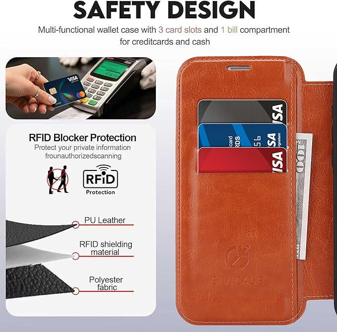 CIVICASE for iPhone 17 Wallet Case with Stand,PU Leather Flip Credit Card Holder Slots (RFID Blocking),Compatible with Magsafe Magnetic Holder Phone Cover Women Men,Brown