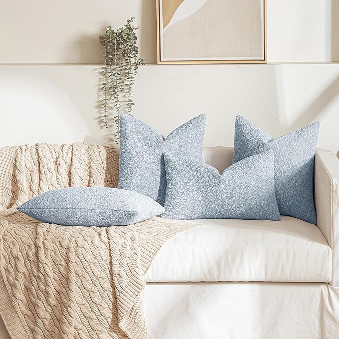 MIULEE 22x22 Inch Decorative Euro Sham Throw Pillows for Bed Set of 2 Textured Boucle Neutral Winter Throw Pillow Covers Light Blue Accent Solid Euro Couch Pillowcases Sofa Livingroom Home Decor