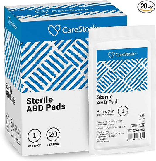 CareStock Abdominal Pads 5x9 in [20-Pack] Sterile ABD Pads, Extra Absorbent, Individually Wrapped, Wound Care First Aid