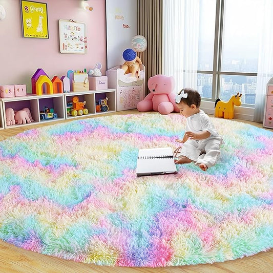 Round Fluffy Rugs 7Ft for Girls Bedroom, Rainbow Shag Circle Kids Rug Non-Slip for Bedside Dorm Nursery Playroom, Soft Cute Area Rugs for Living Room Decor