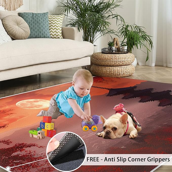 Japanese Style Area Rug 4x5 Washable Rug Red Maple Leaves Rugs for Living Room Sunset Scene Non Slip Carpet Floral Print Mat Bedroom Bathroom