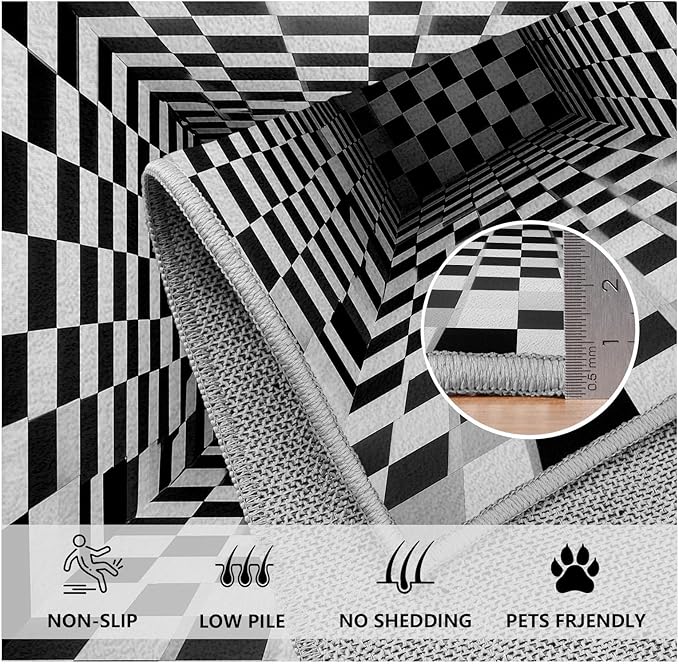 Optical Illusion Rug - Black and White Rug for Living Room, Soft Ultra Soft Faux Wool 4x6 Area Rugs Floor Mats, Non Slip&Non-Shedding Low Pile Checkered Washable Rugs, Abstract Geometric Carpet