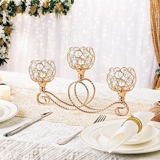 Gold 3 Arm Metal Crystal Tea Light Candle Holder, Elegant Wedding Table Centerpiece Candleholder, Christmas Wishing Crystal Bowl Candle Holder Suitable for Wedding Party Living Room Decoration