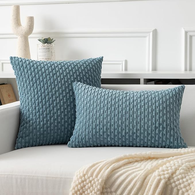 Kevin Textile Throw Pillow Covers Soft Corduroy Decorative Set of 2 Boho Striped Pillow Covers Pillowcases Farmhouse Home Decor for Couch Bed Sofa Living Room 16x16 Inch Blue Grey