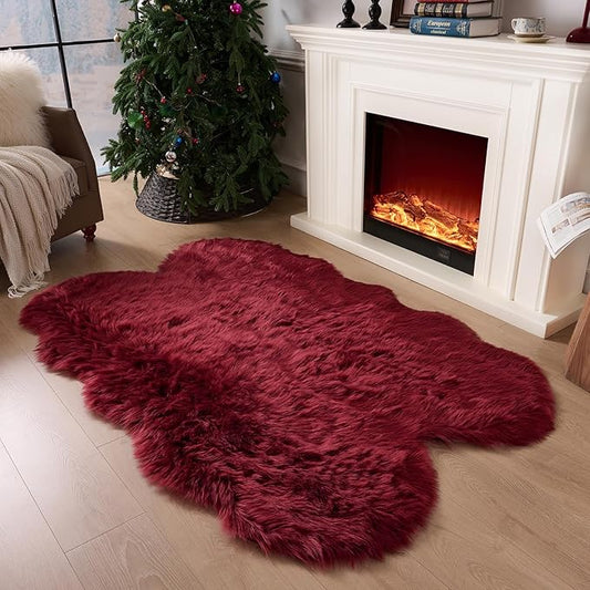 Fluffy Faux Fur Rug Burgundy Sheepskin Area Rug,4x6 Ft Ultra Soft Shaggy Plush Rug for Bedroom Bedside Living Room Nursery Kids Room