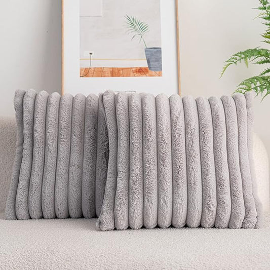 DEELAND Pack of 2,Double-Sided Faux Fur Plush Decorative Throw Pillow Covers Fuzzy Striped Soft Pillowcase Cushion Covers for Sofa Couch Bedroom Lightgrey 24x24 inch