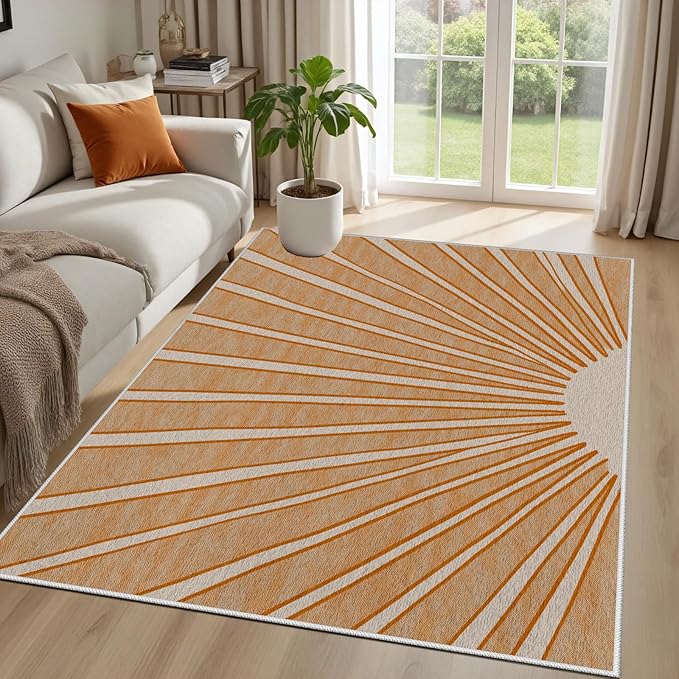 Boho Sun Print Area Rug for Living Room 7x10, Modern Abstract Non-Slip Washable Rugs, Soft Stripe Minimalism Carpet for Bedroom, Nursery, Entryway, Dining Room & Office Decor, Orange White