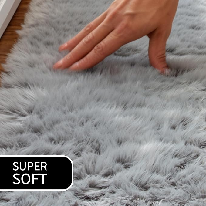 3 ft Round Fluffy Gray Rug – Plush Faux Fur Rug for Bedroom, Living Room, or Nursery – Cozy Faux Sheepskin Home Decor