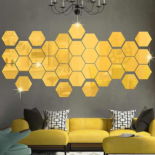 RW-103 36 Pcs Acrylic Hexagon Mirror Decals DIY Removable 3D Geometric Mirror Art Setting Wall Decor for Bedroom, Living Room, Office, Kitchen & Home (Gold)