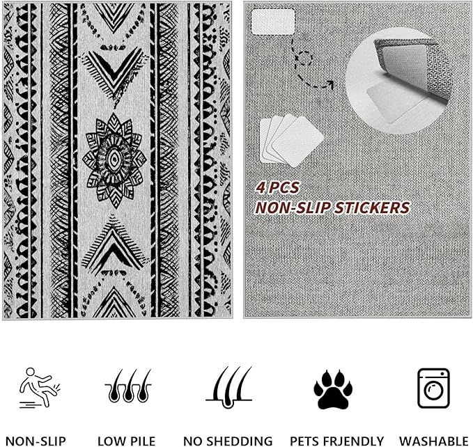 Area Rugs Moroccan for Living Room 7x9, Washable Non-Slip Boho Rug, Neutral Farmhouse Soft Carpet for Bedroom, Kitchen, Dining Room, Entryway, Geometric Print Tribal Carpets, Black and White