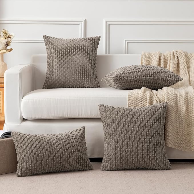 Kevin Textile Throw Pillow Covers Soft Corduroy Decorative Set of 2 Boho Striped Pillow Covers Pillowcases Farmhouse Home Decor for Couch Bed Sofa Living Room 24x24 Inch Light Brown