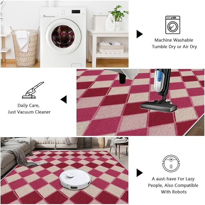 Plaid Rug, Soft Ultra Soft Faux Wool Rhombus Geometric Rugs, Indoor Floor Mats Carpet, Non Slip&Non-Shedding Low Pile Washable Rugs, Modern Red 8x10 Area Rug for Bedroom Home Decor