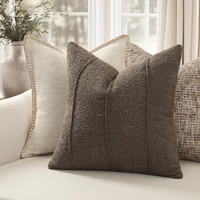 YCOLL Textured Boucle Throw Pillow Covers 18x18 Pack of 2 - Soft Neutral Striped Cushion Covers, Cozy Accent Decorative Pillow Covers for Couch, Sofa, Bed, Living Room (Brown)