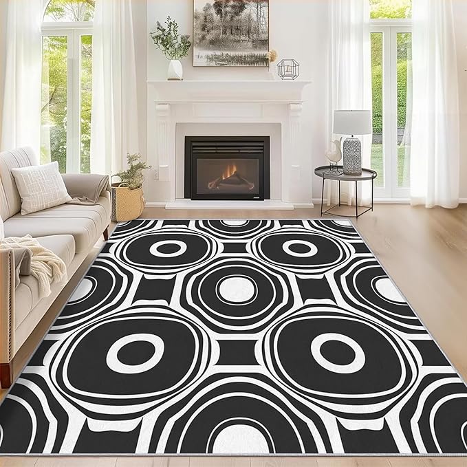 Black and White Geometric Rugs for Home Decor, 5x7 ft, Ring Circle Area Rugs for Living Room, Soft Non Slip Washable Modern Abstract Carpet Bedroom Decorations Dt-Ghf-31