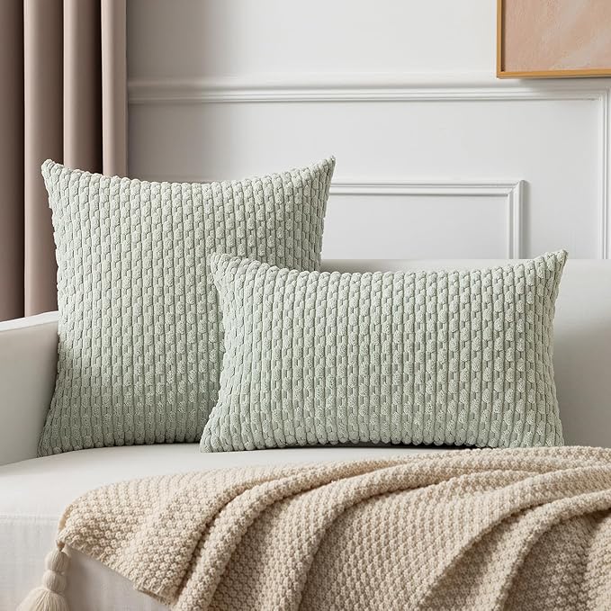 Kevin Textile 2 Packs Light Green 26x26 Pillow Covers Spring Euro Pillow Covers with Stripe Pattern Big Throw Pillow Covers for Couch Bedroom 66x66 cm