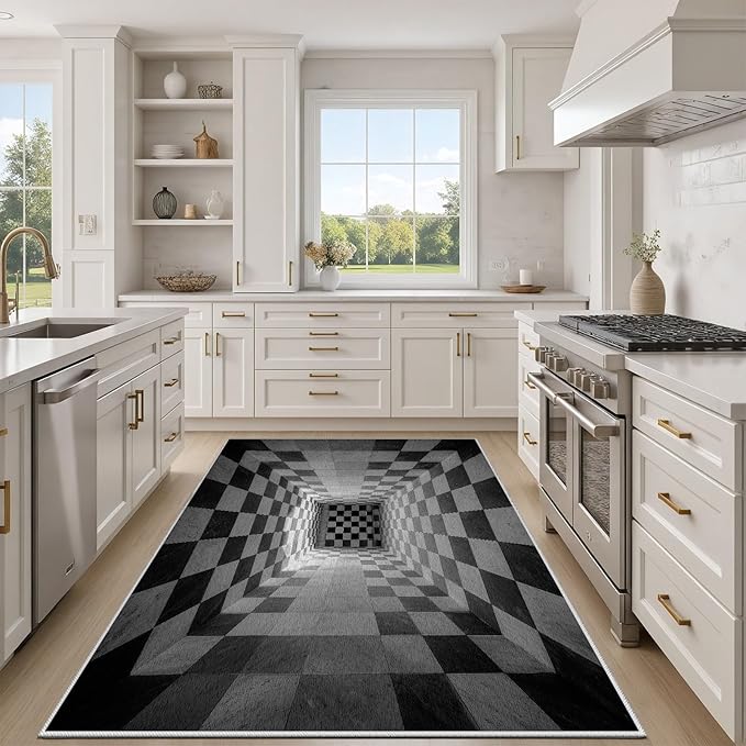 3D Rug 3x4, Plaid Soft Ultra Soft Faux Wool Low Pile Optical Illusion Rug, Indoor Floor Mats Abstract Geometric Carpet, Non-Slip Stain Resistant Washable Rugs, Modern Gray Rugs for Living Room