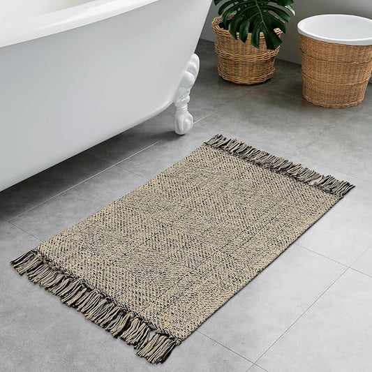 Collive Washable Small Bathroom Rug 2x3, Hand Woven Low Profile Front Door Mat Natural/Black Farmhouse Entryway Rugs, Cotton Reversible Kitchen Carpet for Foyer Bedroom Door Decor