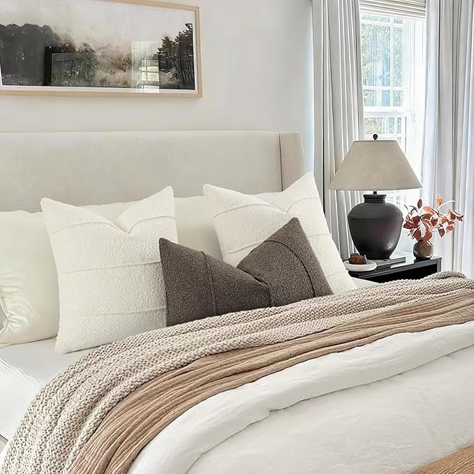 YCOLL Textured Boucle Throw Pillow Covers 22x22 Pack of 2 - Soft Neutral Striped Cushion Covers, Cozy Accent Decorative Pillow Covers for Couch, Sofa, Bed, Living Room (Ivory)