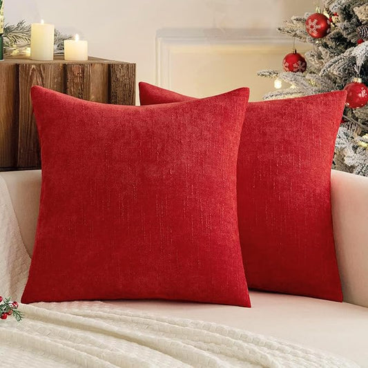 MIULEE Pack of 2 Christmas Decorative Throw Pillow Covers Soft Chenille Throw Pillows Solid Textured Cushion Covers for Couch Sofa Bedroom Living Room 18x18 Inch, Red