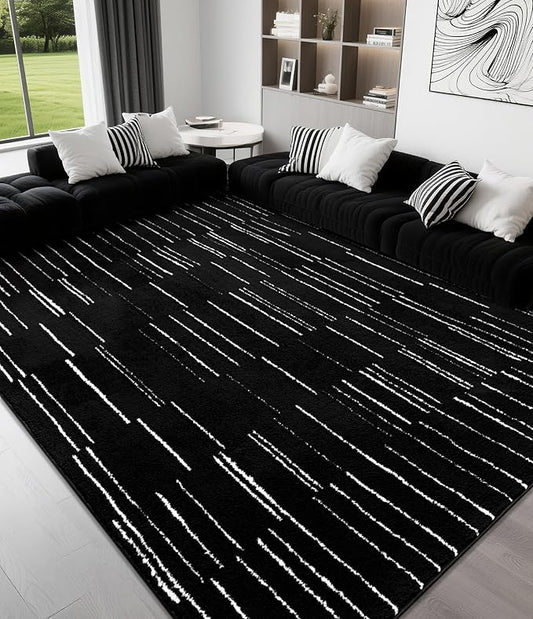 YIHOUSE 8x10 Abstract Line Area Rug, Modern Washable Stain Resistant Rugs Non Slip, Soft Indoor Large Floor Carpet for Living Room, Bedroom,Dining Room, Black and White