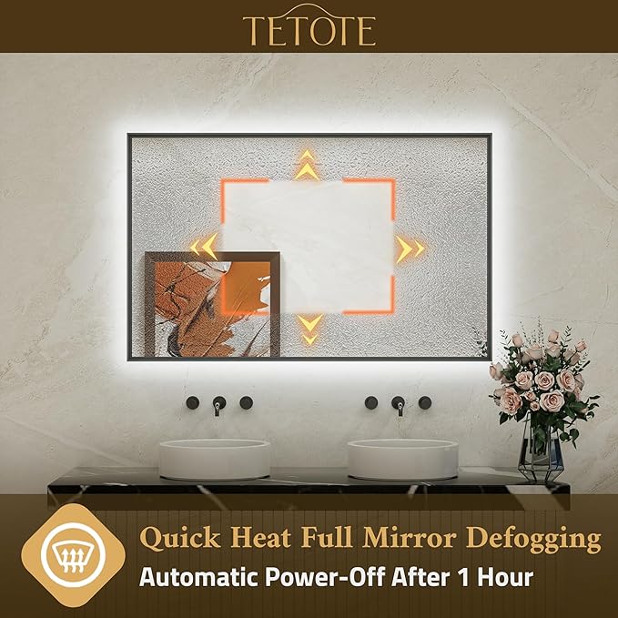 TETOTE 24 x 36 Backlit Bathroom Mirror Brushed Black Metal Frame LED Light Vanity 3-Color White/Warm/Natural Stepless Dimmable Anti-Fog Backlight Mirror Wall-Mounted