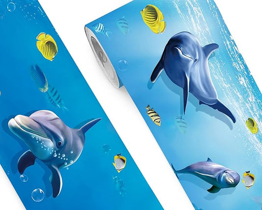 FLFK Peel and Stick Wallpaper Border Wall Decals for Kids Room - Under The Sea Fish Stickers Murals, 10" x 240" (Blue)