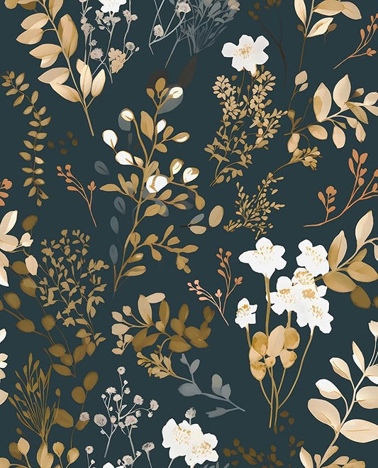 Navy Floral Wallpaper Peel and Stick Boho Wallpaper Vintage Blue/Gold Leaf Contact Paper Waterproof Self Adhesive Modern Wall Paper for Cabinet Walls Kitchen 17.5in x393in