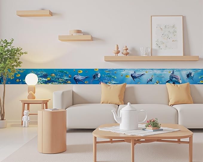 FLFK Peel and Stick Wallpaper Border Wall Decals for Kids Room - Under The Sea Fish Stickers Murals, 10" x 240" (Blue)