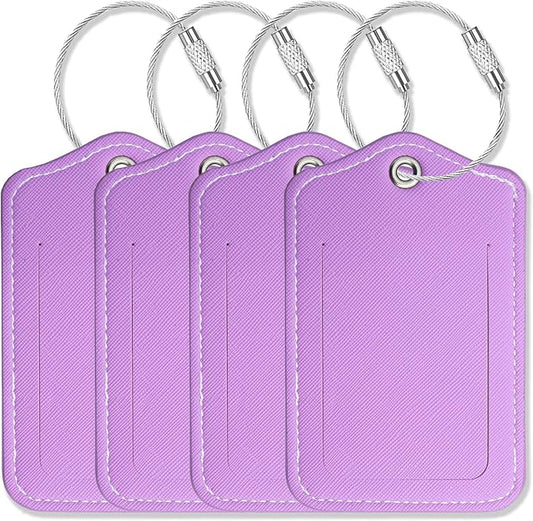 Luggage Tags for Suitcases-Leather Luggage Tag 4 Pack with Loops Cute Bag/Backpack/Suitcase Tags Travel Essentials for Flying (Violet)