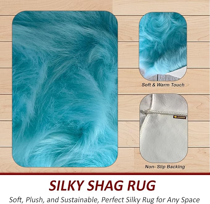 Free Shape Luxury Soft Fluffy Shag Area Rug Triple Side by Side 3'x6', 90x180cm - Vegan Fur Ultra Soft Indoor Carpet Nursery Rugs for Bedroom Home Decor, Blue