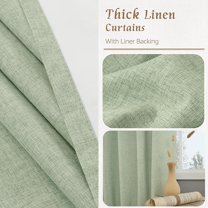 LAMIT Light Green 100% Blackout Linen Curtains, 63 Inches Linen Textured Thermal Bedroom Curtains Back Tab and Rod Pocket Neutral Panels with White Liner for Farmhouse, 2 Panels, 38 x 63 Inch