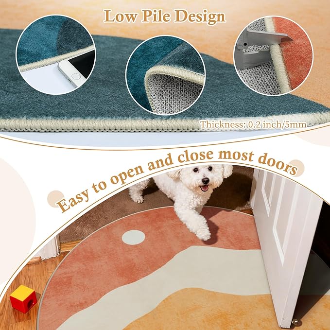 6 ft Abstract Round Rugs for Bedroom, Washable Non-Slip Circle Rug, Soft Colorful Low-Pile Floor Mat, Chic Faux Wool Large Rug, Indoor Throw Rugs for Living Room, Kidsroom