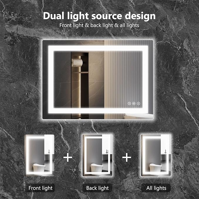 Sweetcrispy 28"x 36" Rectangle LED Bathroom Mirror with Front Light and Backlit, Smart Memory Functionr - Enhanced Anti-Fog Feature, Pure White