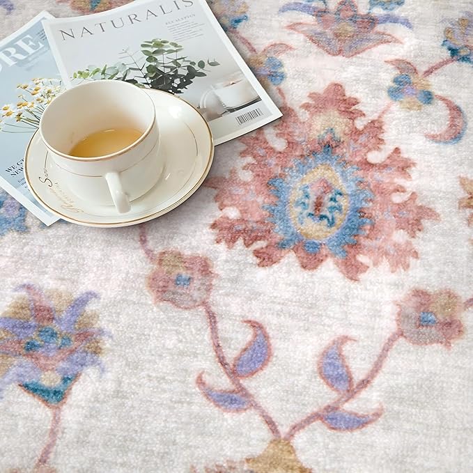Tangsoo Floral 2x3 Washable Rug,Vintage Floral Indoor Boho Rugs,Non-Slip Print Distressed Rug for Entryway, Soft Low Pile Small Area Rug for Front Door Kitchen Bedroom