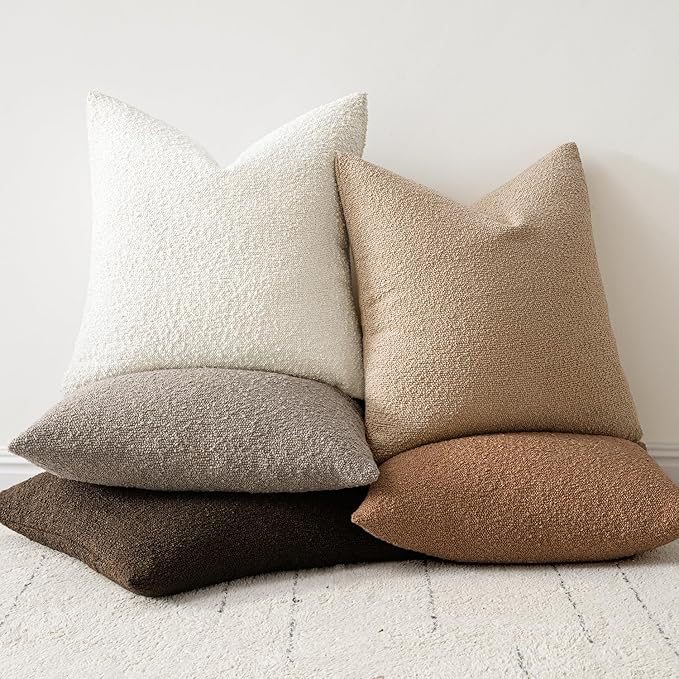 Woaboy Pack of 2 18x18 Inch Decorative Boucle Throw Pillow Covers Textured Square Pillowcaes Accent Solid Cozy Soft Cushion Covers Home Decor for Sofa Couch Living Room Home Decor,Chocolate