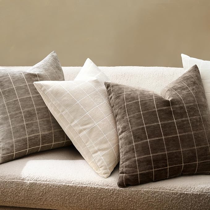 MIULEE Decorative Chenille Check Euro Shams Throw Pillow Covers Vintage Plaid Couch Pillows 26x26 Inch Set of 2 Neutral Boho Farmhouse Cushion Covers Spring Decor for Sofa Bed Living Room Beige