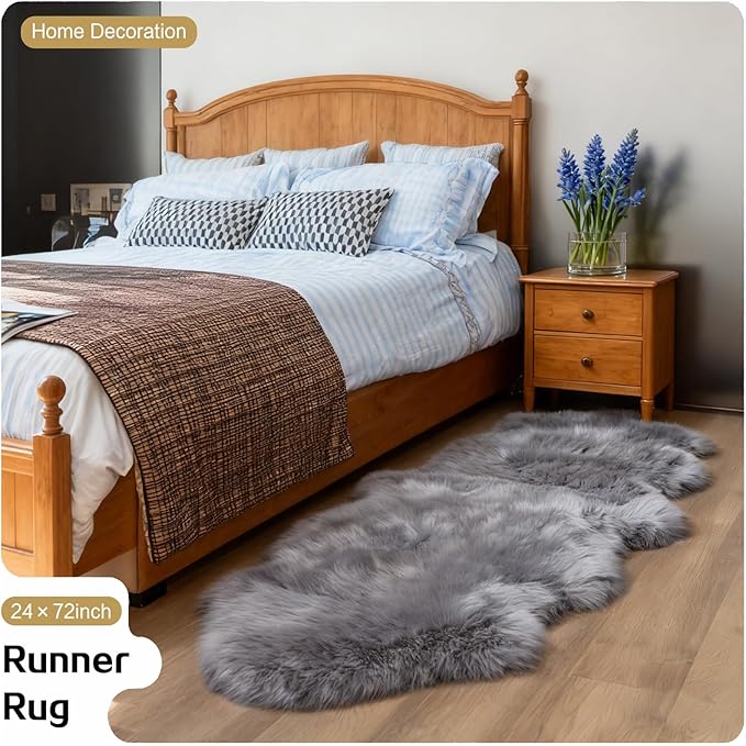 Grey Faux Fur Sheepskin Area Rug for Living Room Bedroom, 2 x 6 Feet Ultra Soft Shaggy Fuzzy Furry Carpet Chair Throw Runner Rugs for Kids, Girls, Nursery Room Decor Dorms