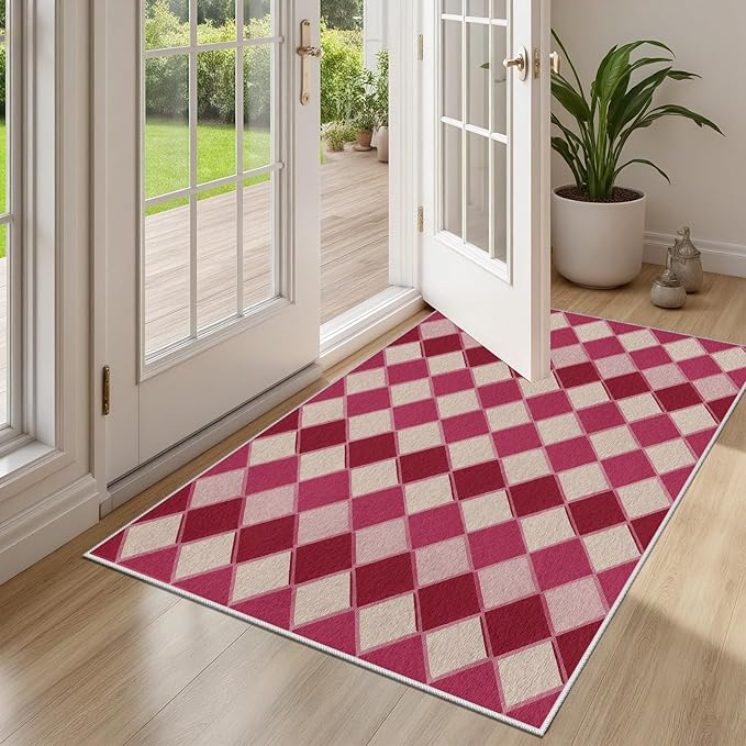 Plaid Rug, Soft Ultra Soft Faux Wool Rhombus Geometric Rugs, Indoor Floor Mats Carpet, Non Slip&Non-Shedding Low Pile Washable Rugs, Modern Red 6x9 Area Rug for Bedroom Home Decor