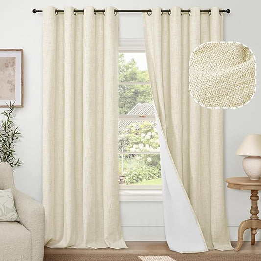 Lajode Cream Blackout Curtains for Living Room 90 Inch Length 2 Panels Set, Thermal Insulated Light Blocking Faux Linen Curtains for Bedroom, Bronze Grommet Boho Window Drape Each 52" Wide