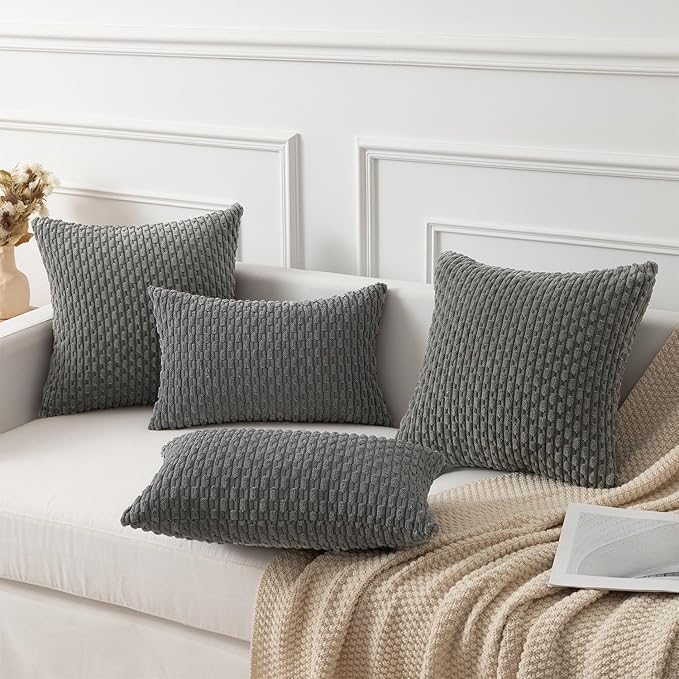 Kevin Textile 2 Packs Dark Grey Decorative Throw Pillow Covers 26x26 Inch for Living Room Couch Bed Sofa Rustic Farmhouse Boho Home Decor Soft Striped Corduroy Square Cushion Case 66x66 cm