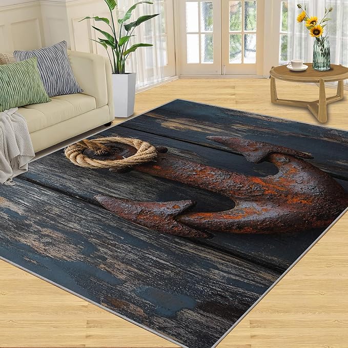 Nautical Anchor 2x3 Area Rugs,Distressed Wood Bedroom Rug Nautical Style Non-Slip Washable Rug for Living Room Nursery Kitchen Low-Pile Carpet