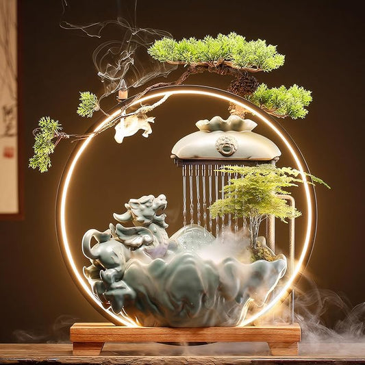 Waterfall Fountain Indoor with Mist, Tabletop Water Fountain,Desk Chinese Ceramic Pixiu Statue with LED Light Ring and Backflow Incense Burner Holder