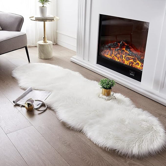 SERISSA Ultra Soft Fluffy Rug White Faux Sheepskin Fur Area Rug Shaggy Couch Cover Seat Cushion Furry Carpet Beside Rugs for Bedroom Floor Sofa Living Room Runner 2x6 Feet White