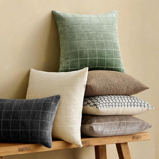 MIULEE Decorative Chenille Check Throw Pillow Covers Vintage Plaid Couch Pillows 18x18 Inch Set of 2 Neutral Boho Farmhouse Cushion Covers Modern Spring Home Decor for Sofa Bed Living Room Sage Green
