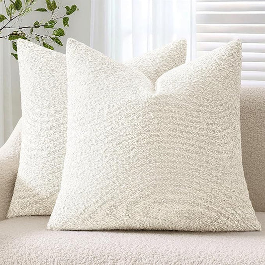 ANRODUO Pack of 2 Textured Boucle Throw Pillow Covers Soft White Decorative Accent Solid Pillow Cases Cozy Modern Couch Cushion Case for Chair Sofa Bedroom Living Room Spring Home Decor, 18 x 18 Inch