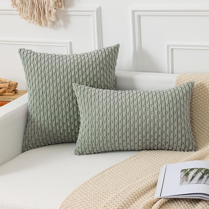 Kevin Textile Throw Pillow Covers Soft Corduroy Decorative Set of 2 Boho Striped Pillow Covers Pillowcases Farmhouse Home Decor for Couch Bed Sofa Living Room 24x24 Inch Greyish Green