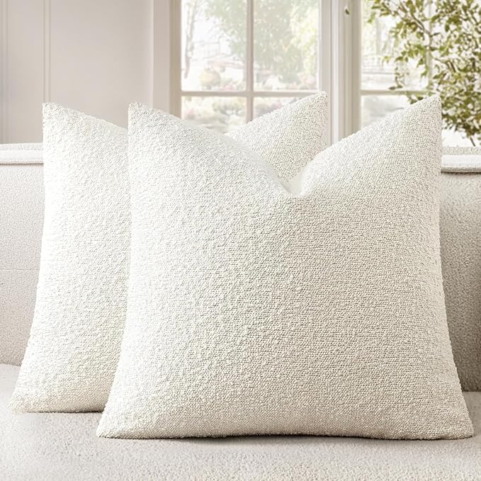 Woaboy Pack of 2 24x24 Inch Decorative Boucle Throw Pillow Covers Textured Square Pillowcaes Accent Euro Solid Cozy Soft Cushion Covers Christmas Home Decor for Bed Sofa Couch Living Room,White