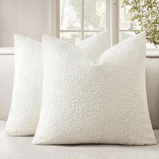 Woaboy Pack of 2 24x24 Inch Decorative Boucle Throw Pillow Covers Textured Square Pillowcaes Accent Euro Solid Cozy Soft Cushion Covers Christmas Home Decor for Bed Sofa Couch Living Room,White
